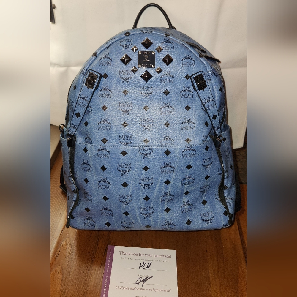 MCM Sky Blue Stark Studded Backpack in Visetos